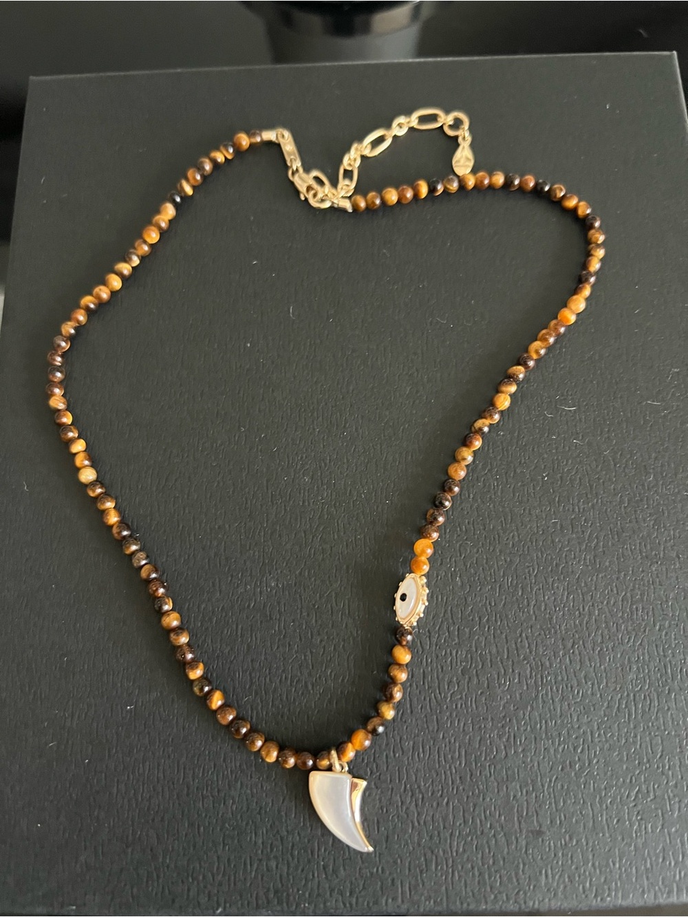 Tiger's Eye Beaded Necklace with Crescent Pendant - Brown